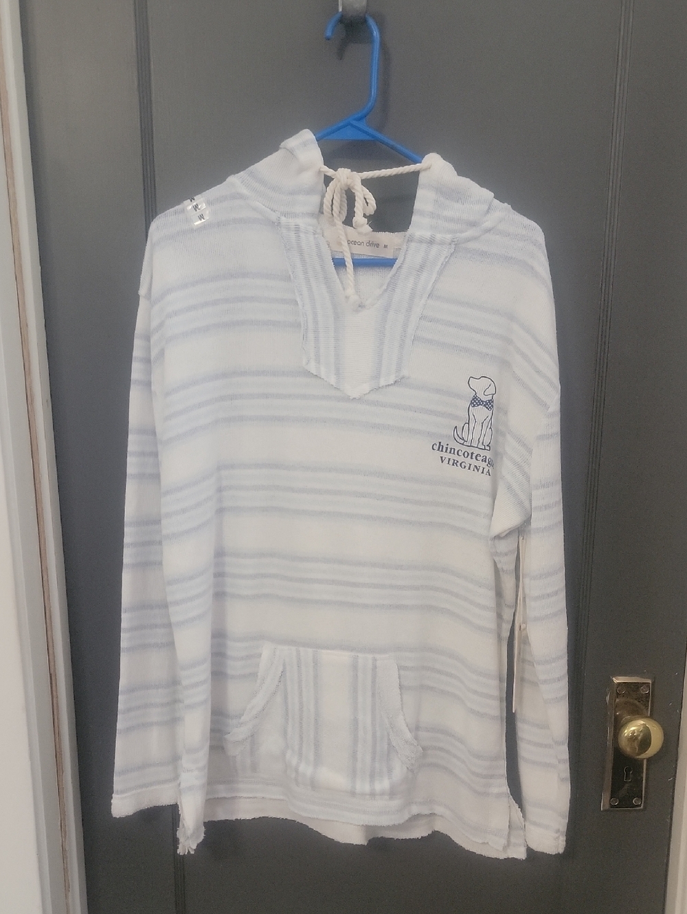 Ocean Drive Light Blue & White Striped Hooded Knit Top  Chincoteague Va